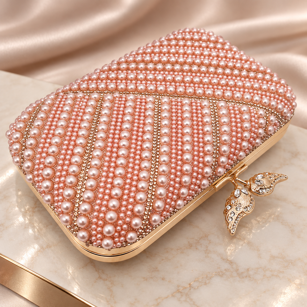 Rosalie Pearl Beaded Evening Clutch with Leaf Top Clasp