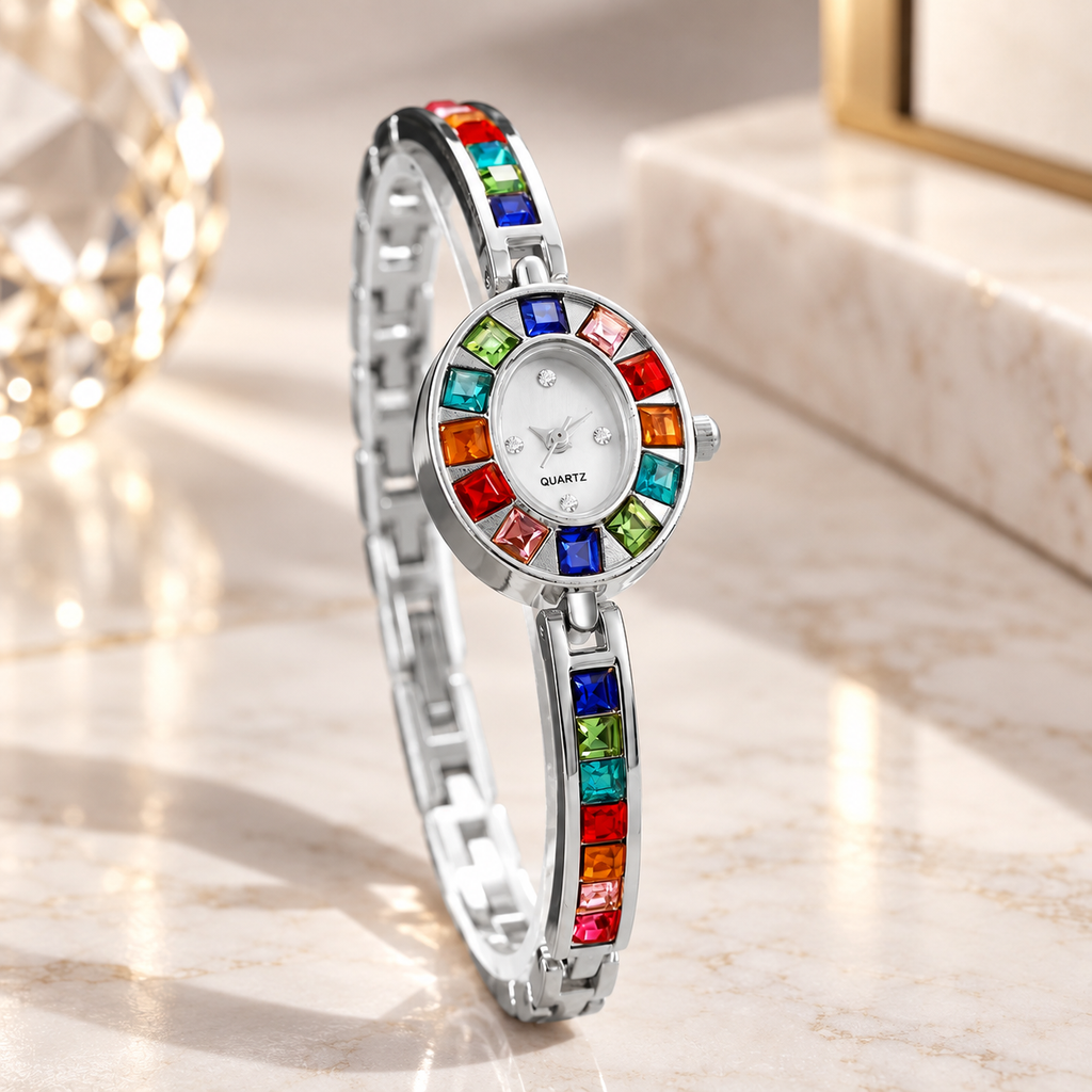 Celeste Rainbow Crystal Oval Quartz Bracelet Watch