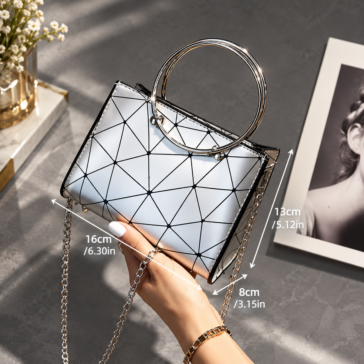 Alessia Silver Geometric Mini Handbag with Ring Handles & Chain Strap