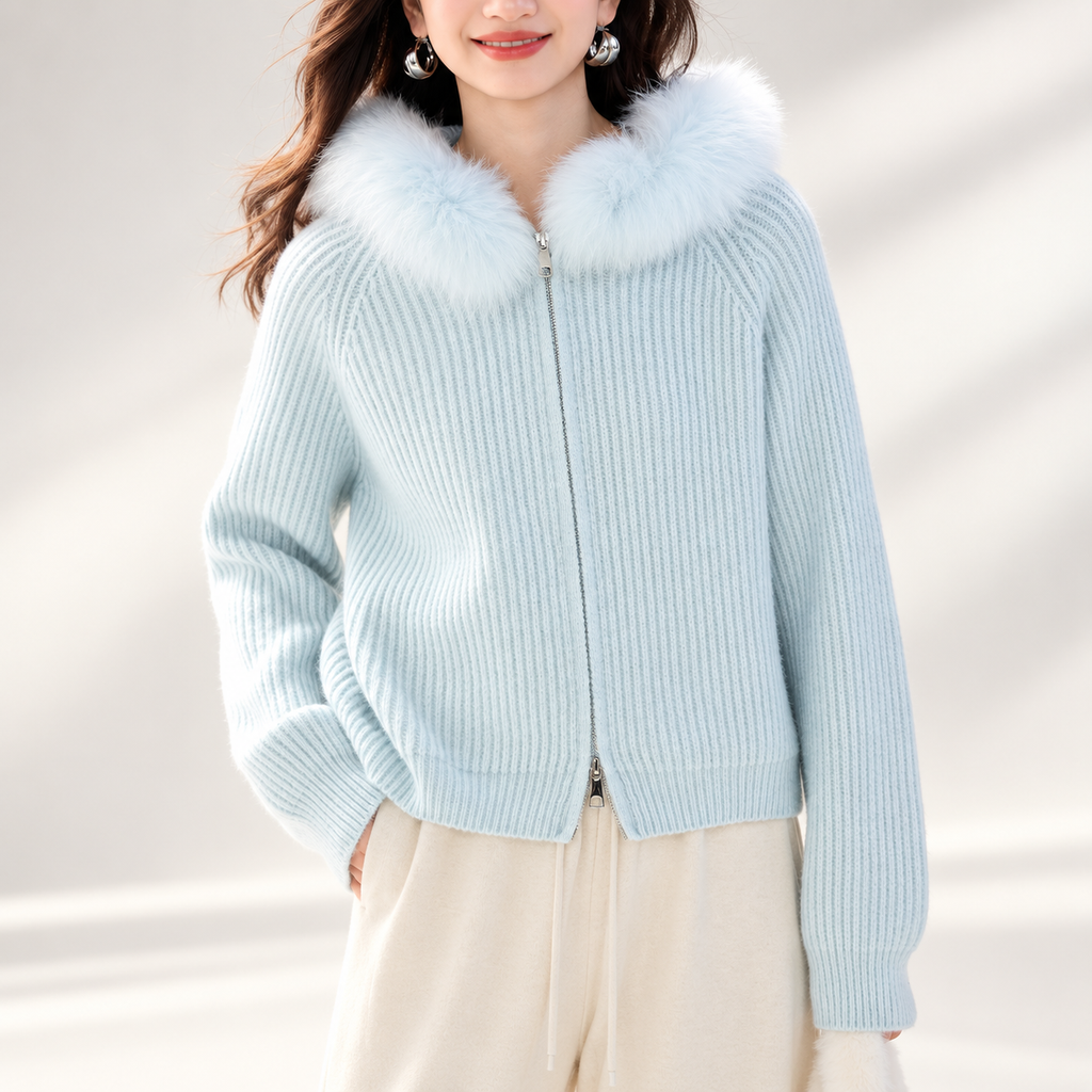Amélie Women’s Ice Blue Rib-Knit Zip-Up Hooded Cardigan with Plush Trim