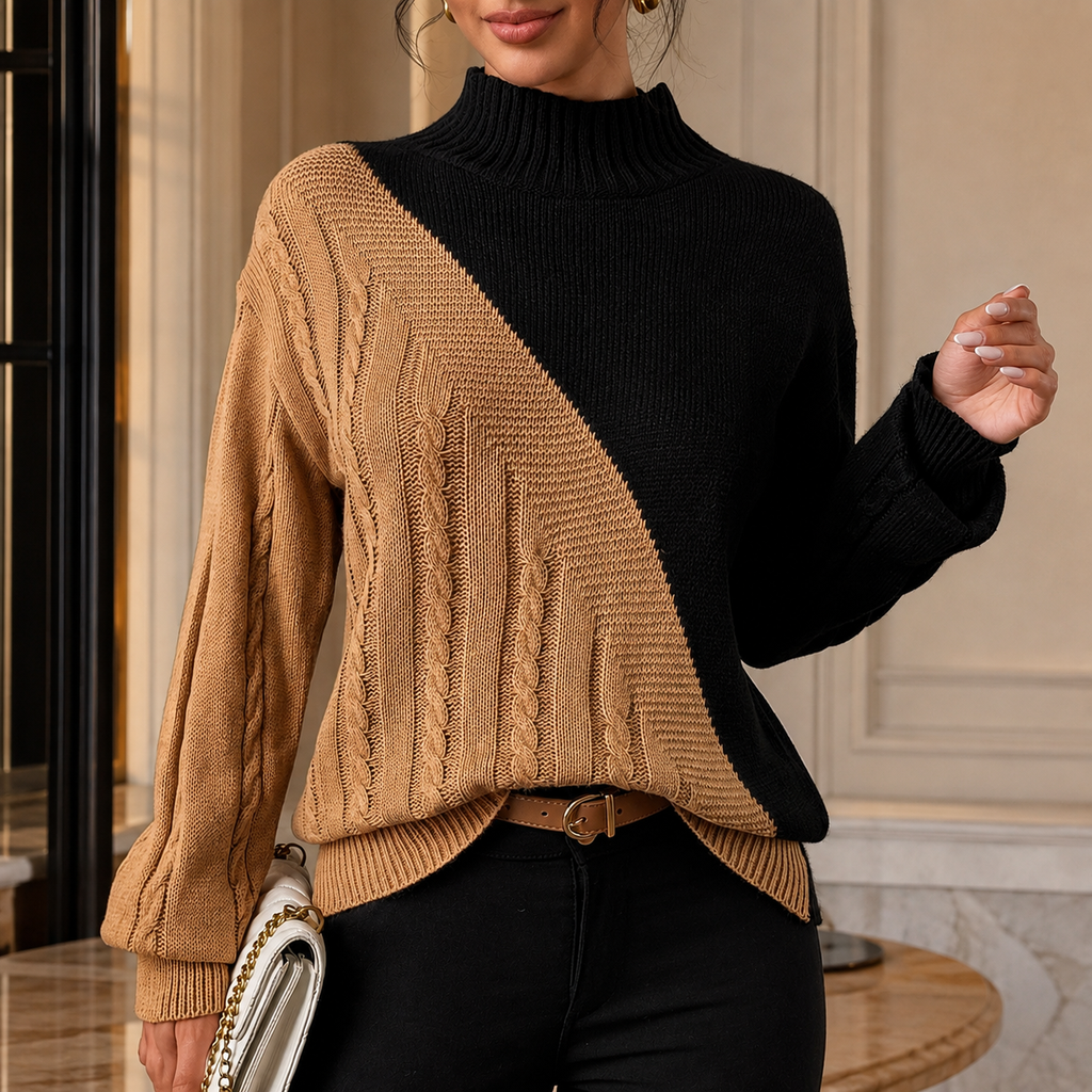 Alessia Colorblock Cable Knit Mock Neck Sweater for Women