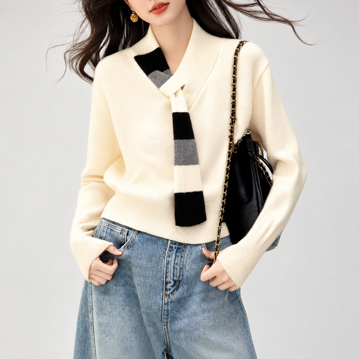 Camille Colorblock Scarf Collar Knit Sweater