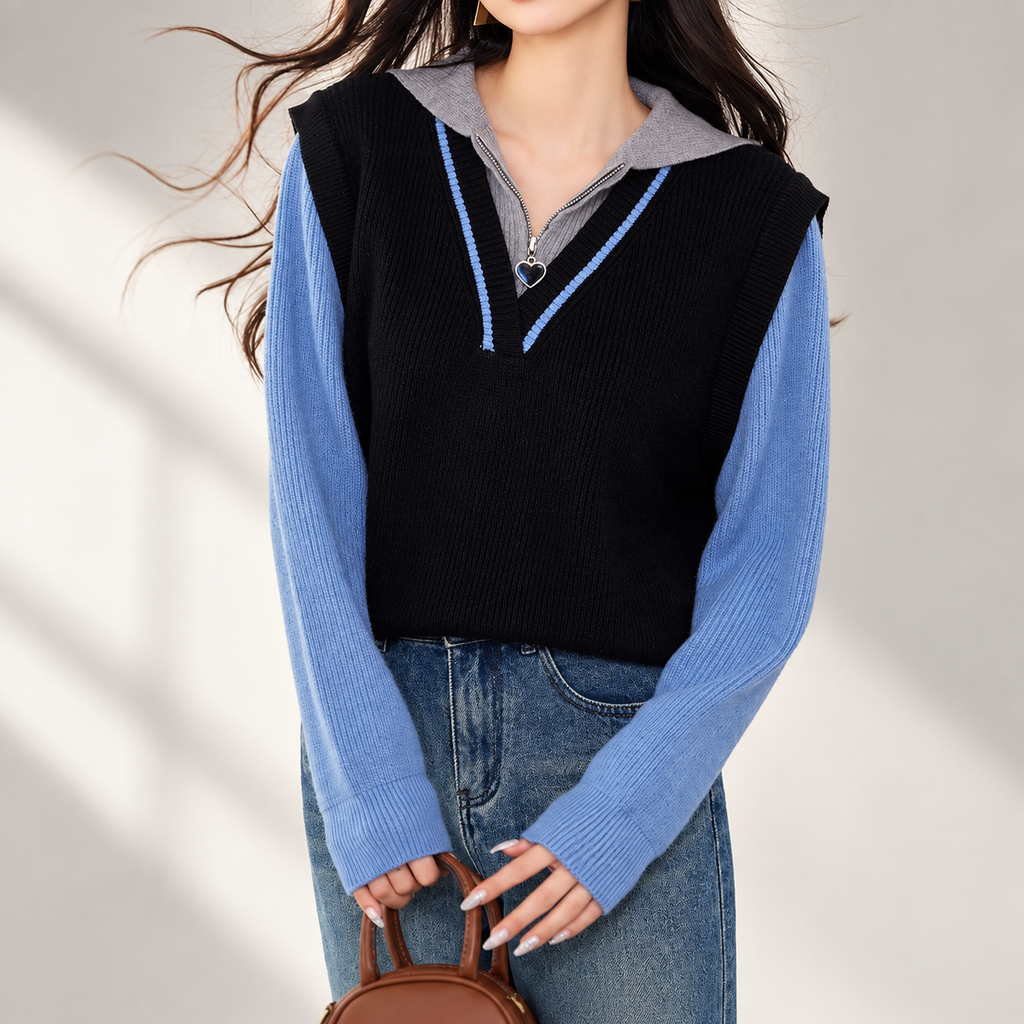 Isabelle Black & Blue Layered V-Neck Knit Sweater