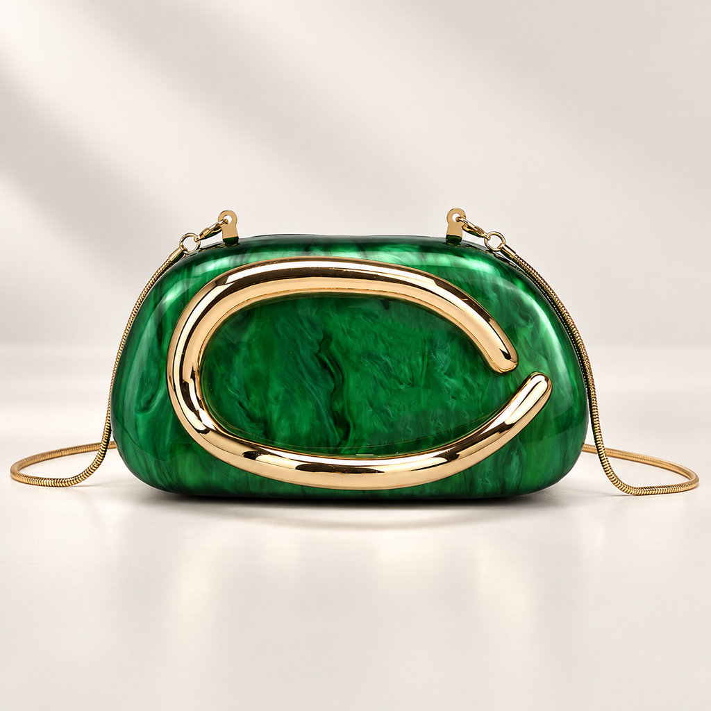 Elodie Marbled Acrylic Evening Clutch with Gold-Tone Handle & Chain Strap