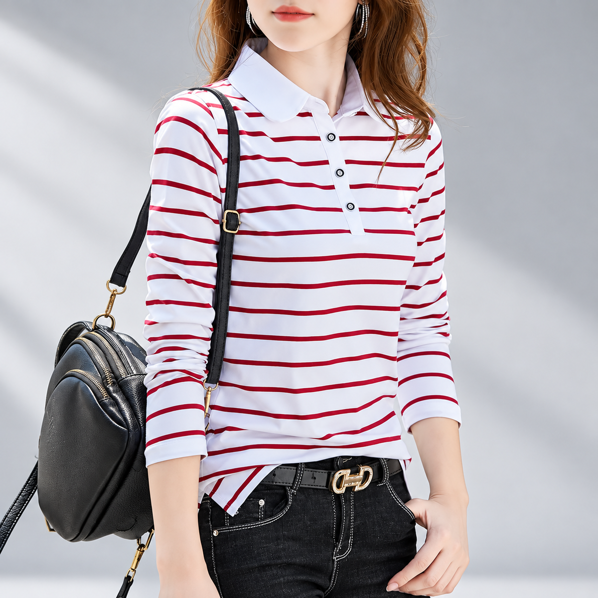 Camille Women’s Long Sleeve Striped Polo Shirt