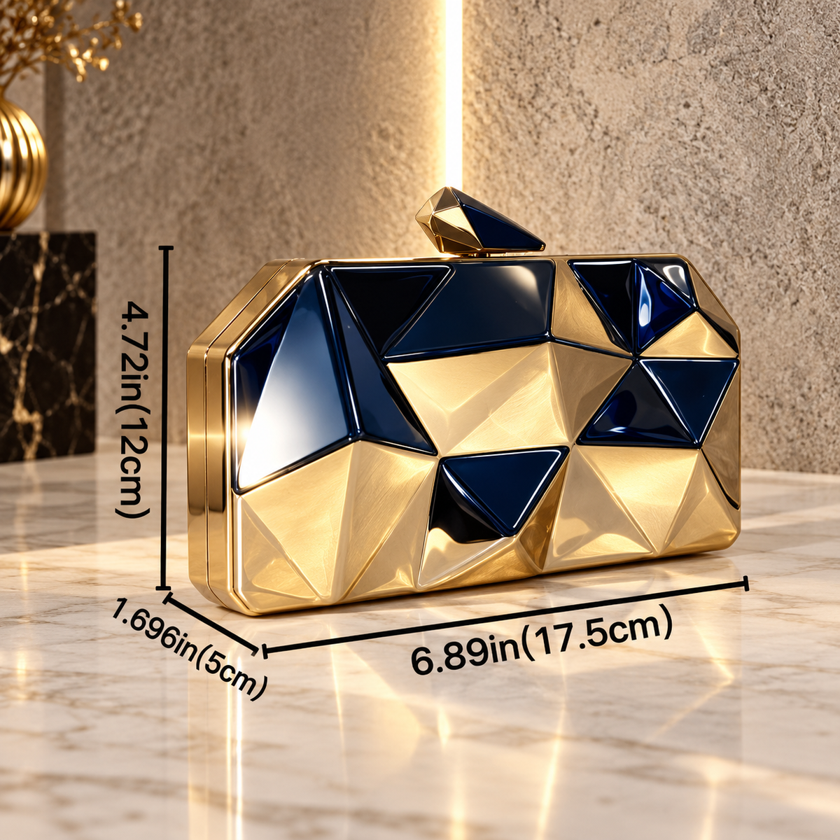 Alessandra Geometric Metallic Hard-Shell Evening Clutch with Chain Strap