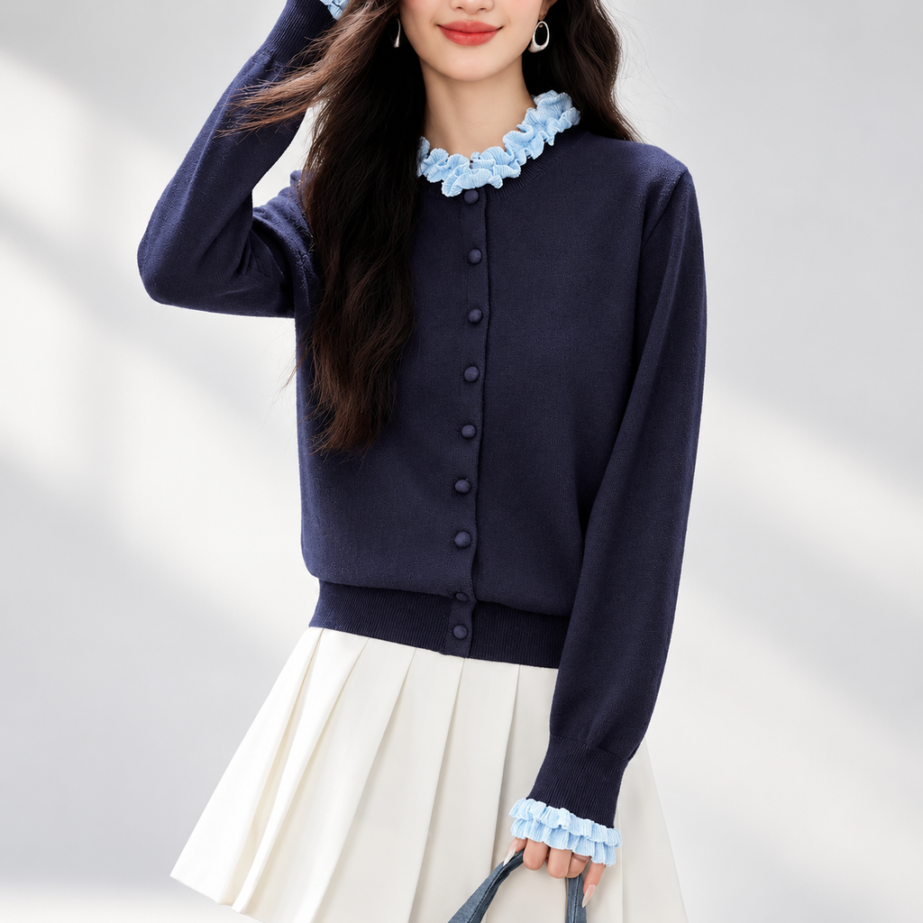 Camille Women’s Navy Ruffle Trim Knit Cardigan