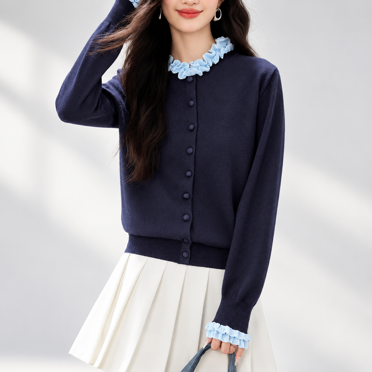 Camille Women’s Navy Ruffle Trim Knit Cardigan