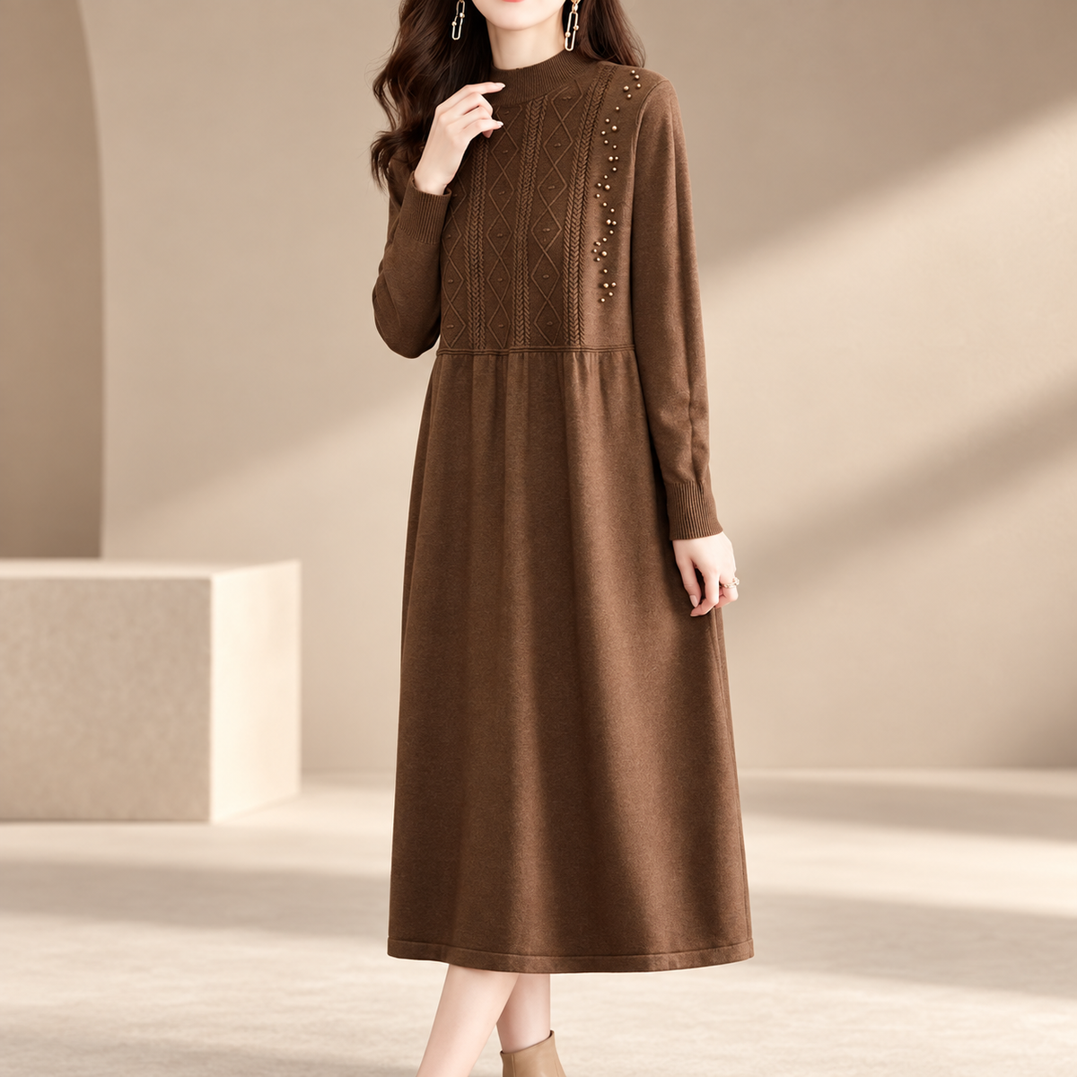 Camilla Women's Embellished Cable Knit Midi Dress with Long Sleeves