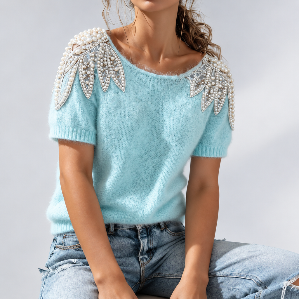 Camille Pearl-Embellished Short Sleeve Knit Top
