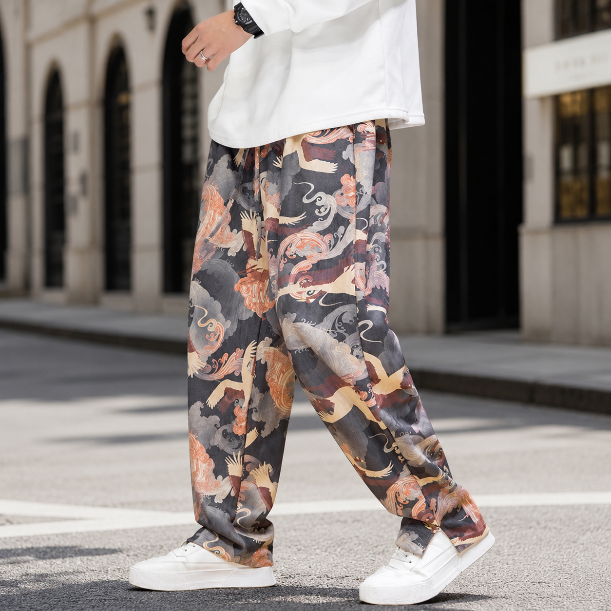 Matteo Men's Relaxed Wide-Leg Crane Print Drawstring Pants