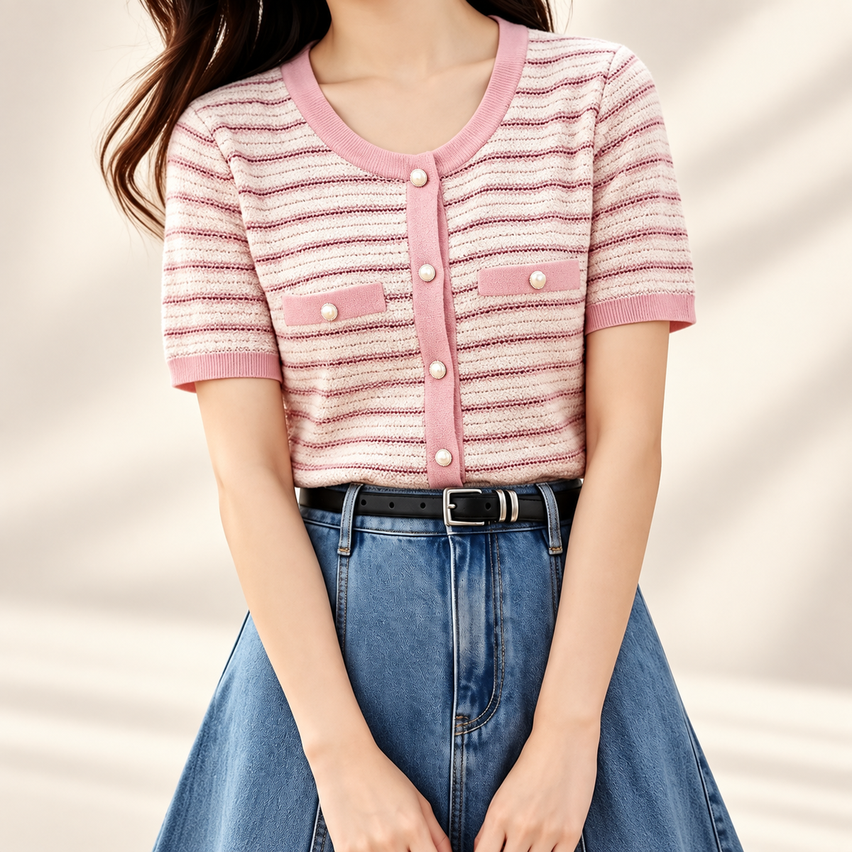 Amélie Pearl-Button Striped Knit Cardigan Top