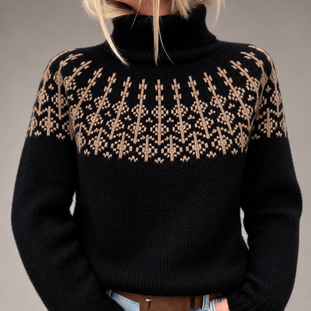 Amelia Women’s Black Fair Isle Turtleneck Knit Sweater