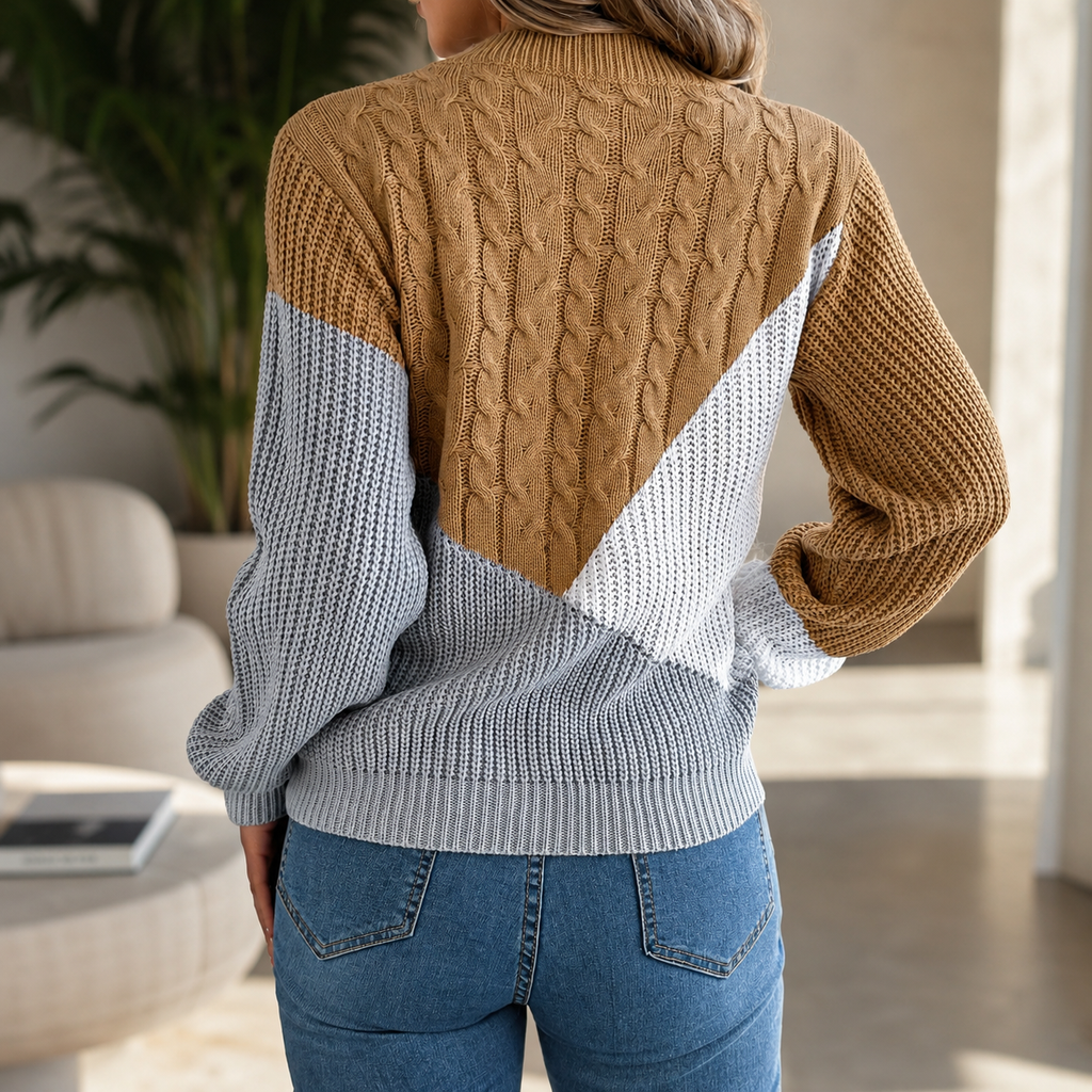 Camille Women’s Color Block Cable Knit Crew Neck Sweater
