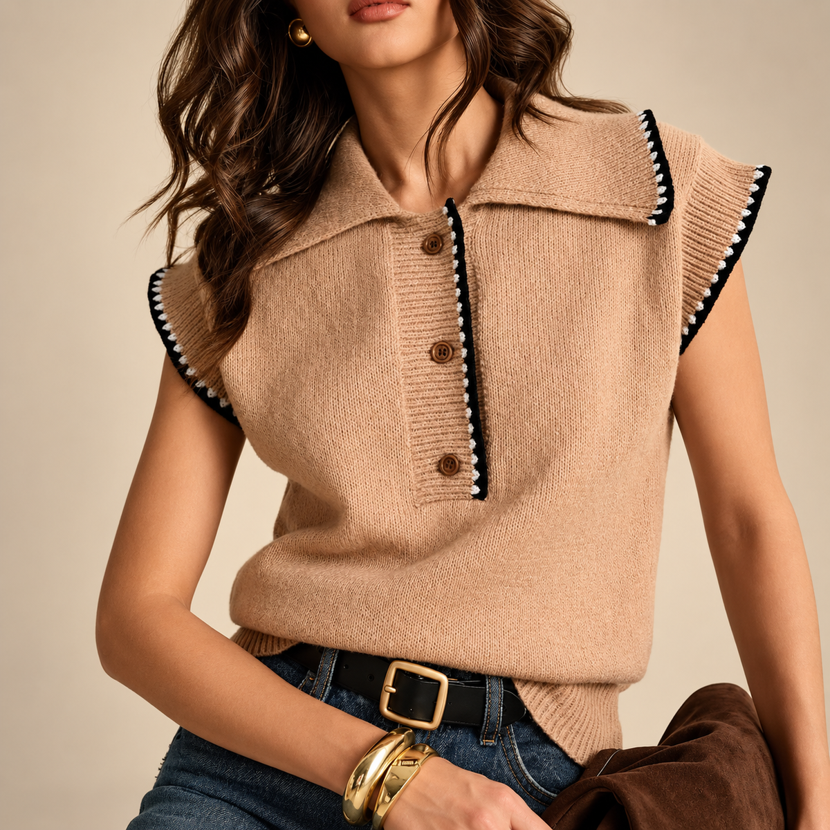 Margot Women’s Contrast Trim Knit Sweater Vest