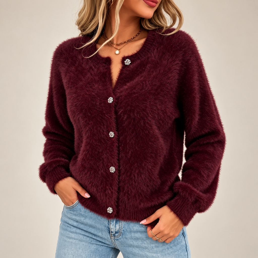 Gianna Women’s Burgundy Fuzzy Knit Cardigan