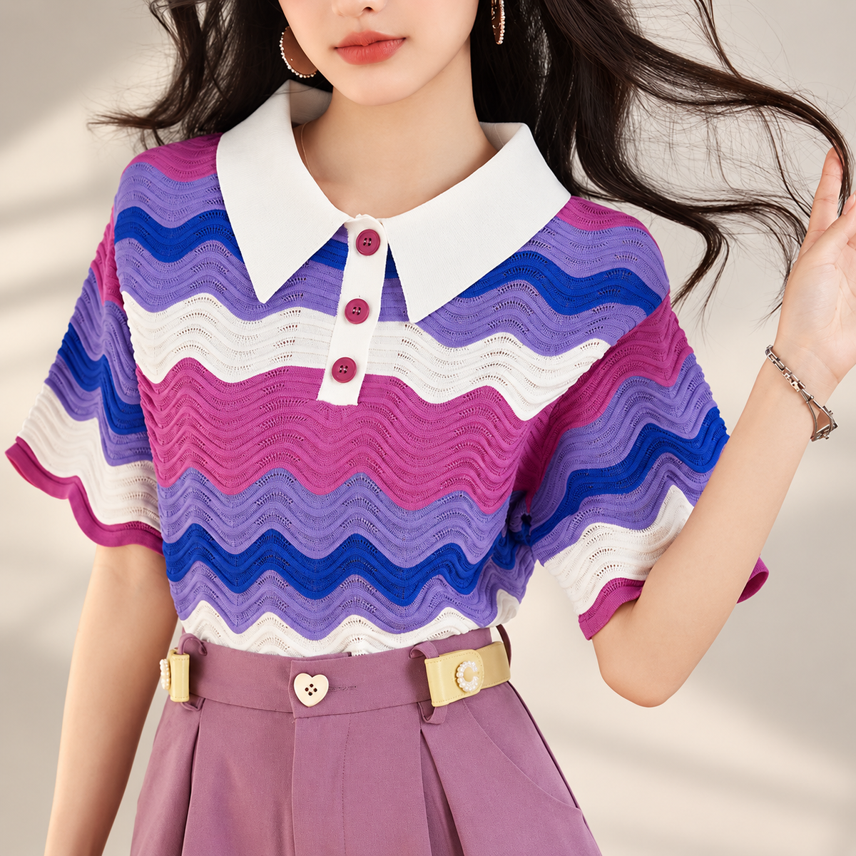 Camille Wave-Knit Polo Top