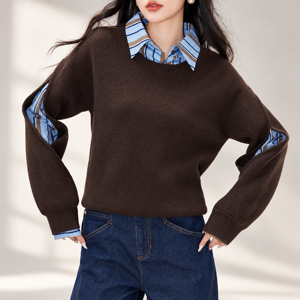 Camille Brown Cutout Sleeve Layered Knit Sweater with Striped Shirt Detail