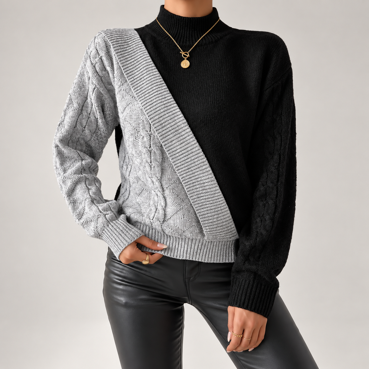 Sienna Women’s Asymmetrical Cable Knit Mock Neck Sweater
