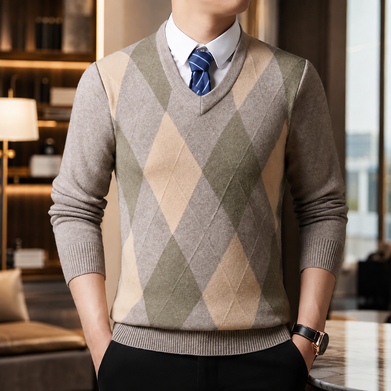 Edmund Men's Argyle V-Neck Knit Sweater