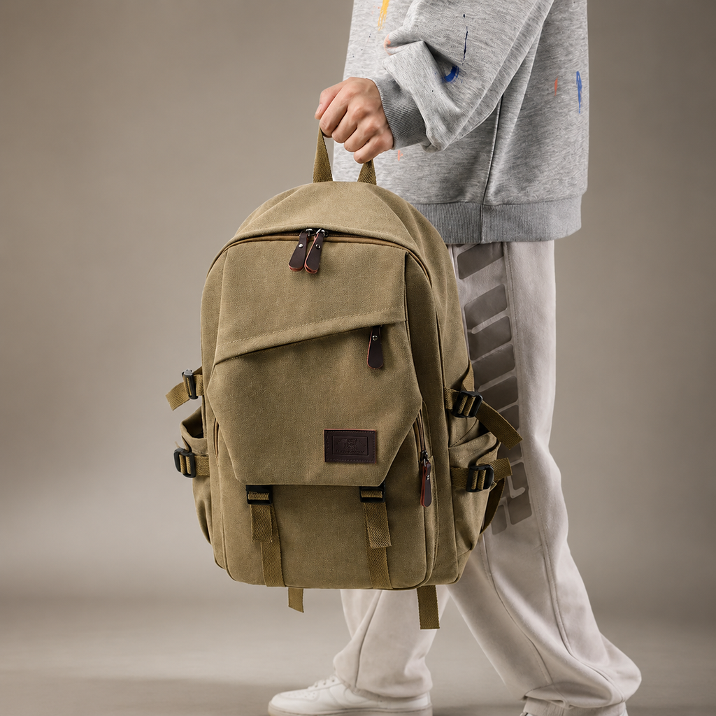 Harrison Canvas Backpack – Multi-Pocket Travel Rucksack with Front Flap Pocket