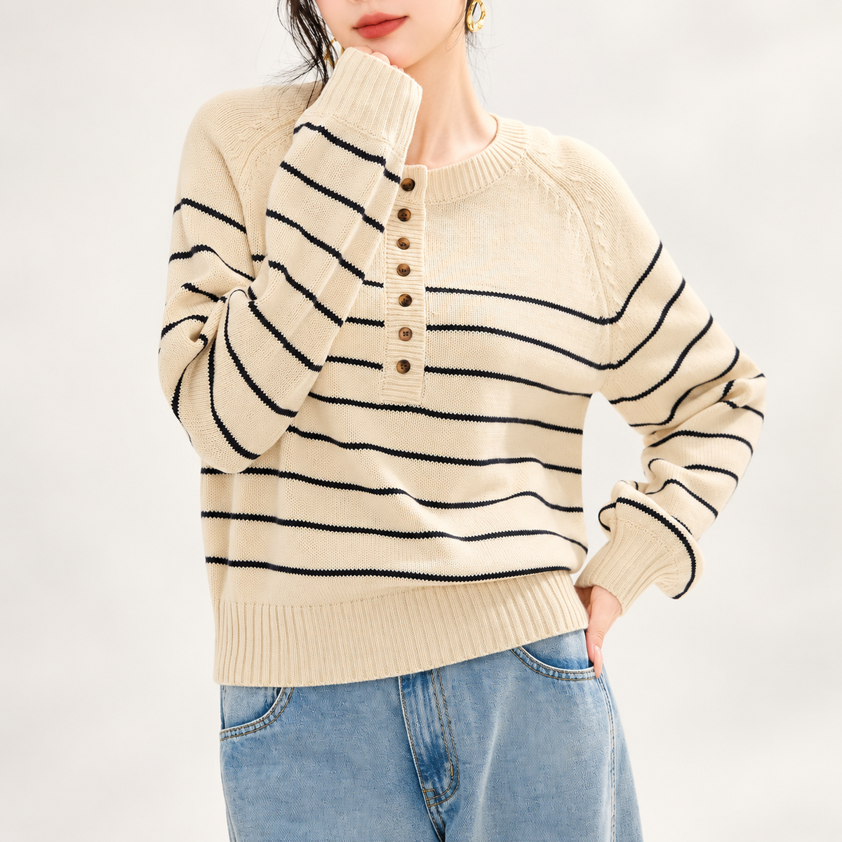 Beatrice Women’s Striped Henley Knit Sweater