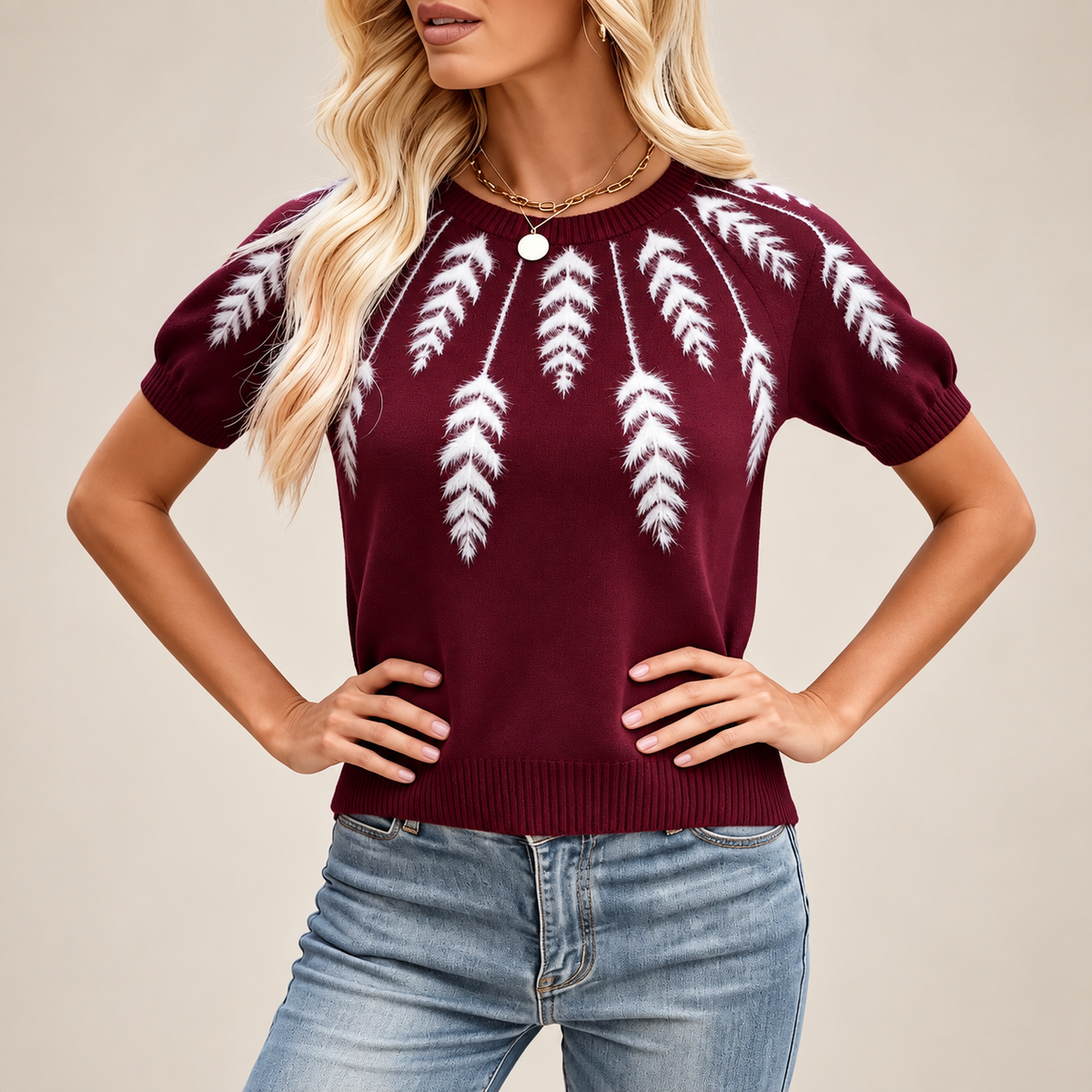 Genevieve Women’s Burgundy Feather Motif Short Sleeve Knit Sweater