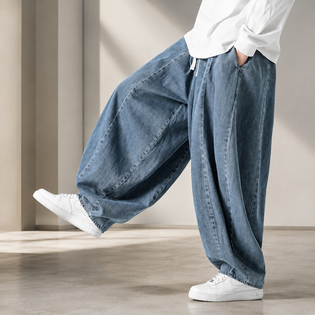 Lorenzo Men’s Balloon Fit Drawstring Denim-Look Pants