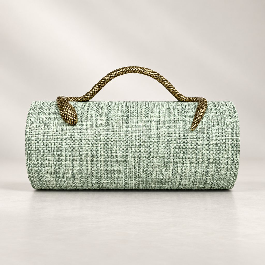 Elodie Women’s Woven Cylinder Clutch with Sculpted Snake Handle