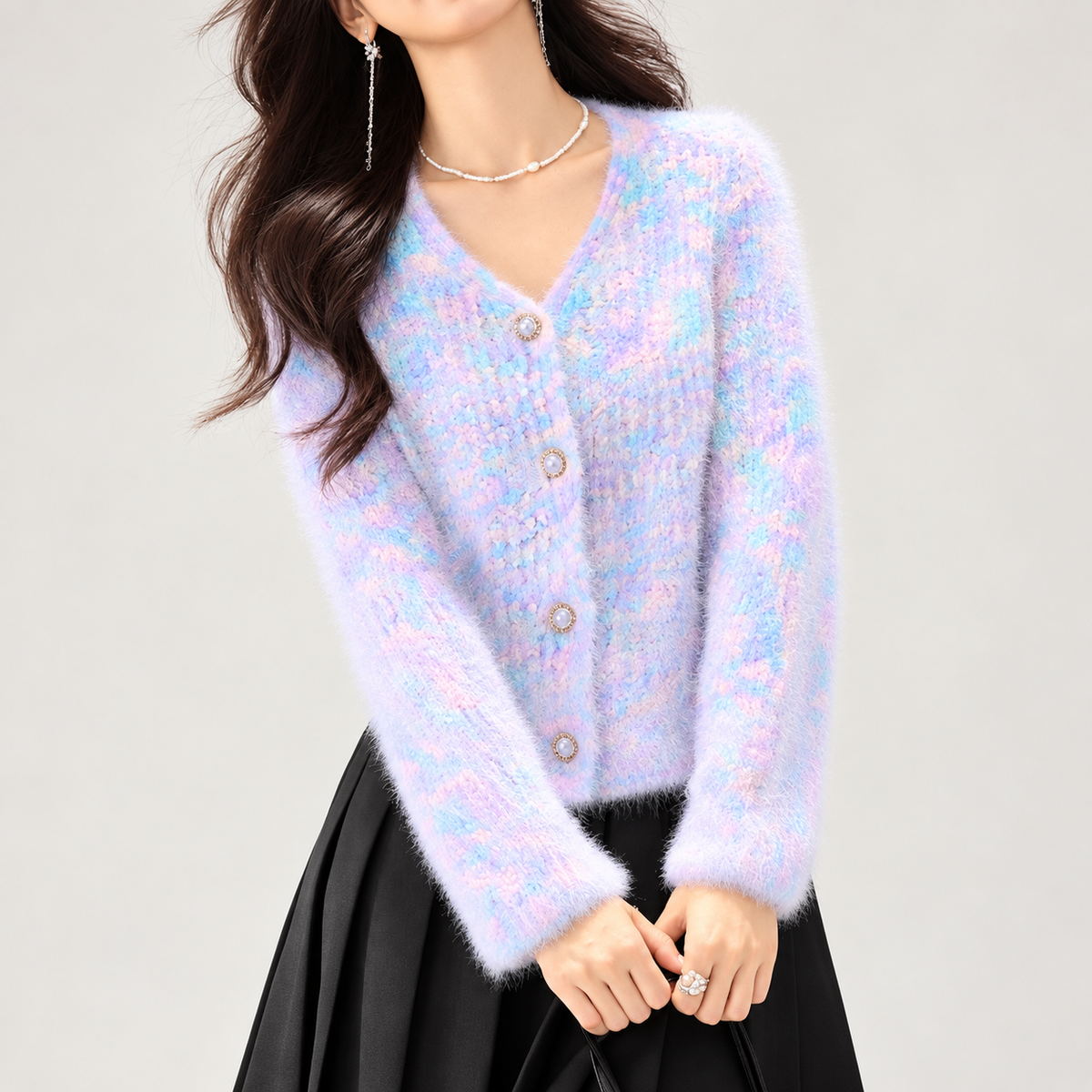 Camille Pastel Fuzzy Knit V-Neck Cardigan for Women