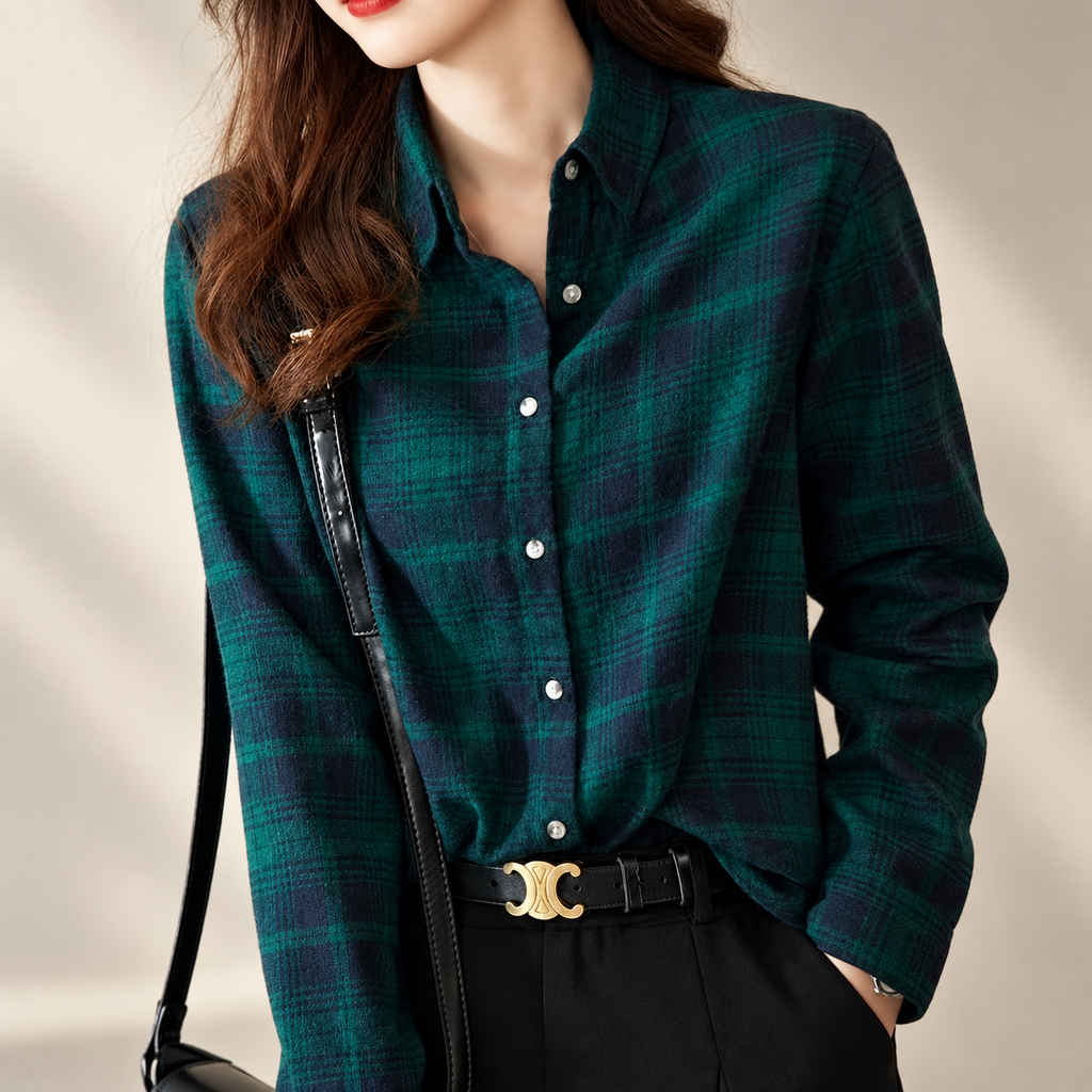 Cecilia Women's Green Plaid Button-Front Long Sleeve Shirt