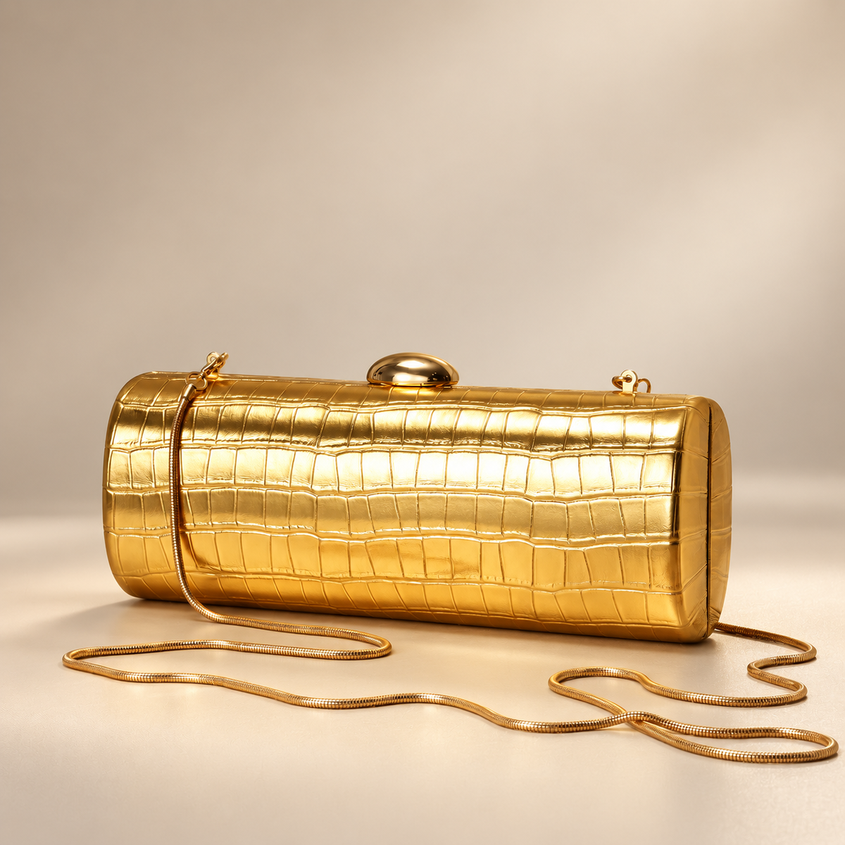 Lucienne Croc-Embossed Metallic Clutch Bag with Chain Strap