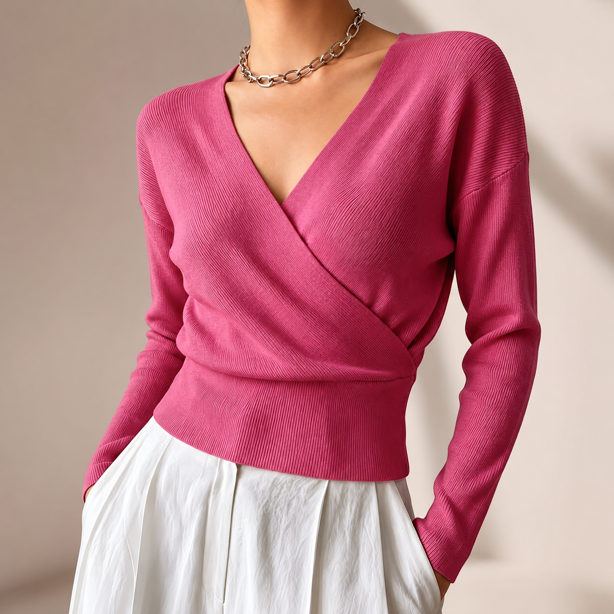 Harper Women’s Ribbed Wrap-Front V-Neck Sweater