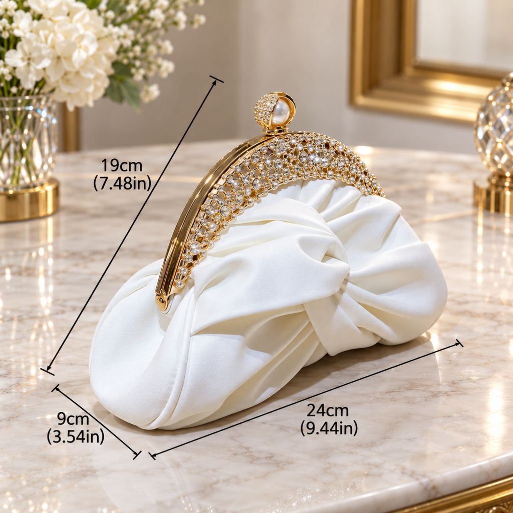 Bianca Ruched Satin Evening Clutch with Crystal Frame & Pearl Clasp