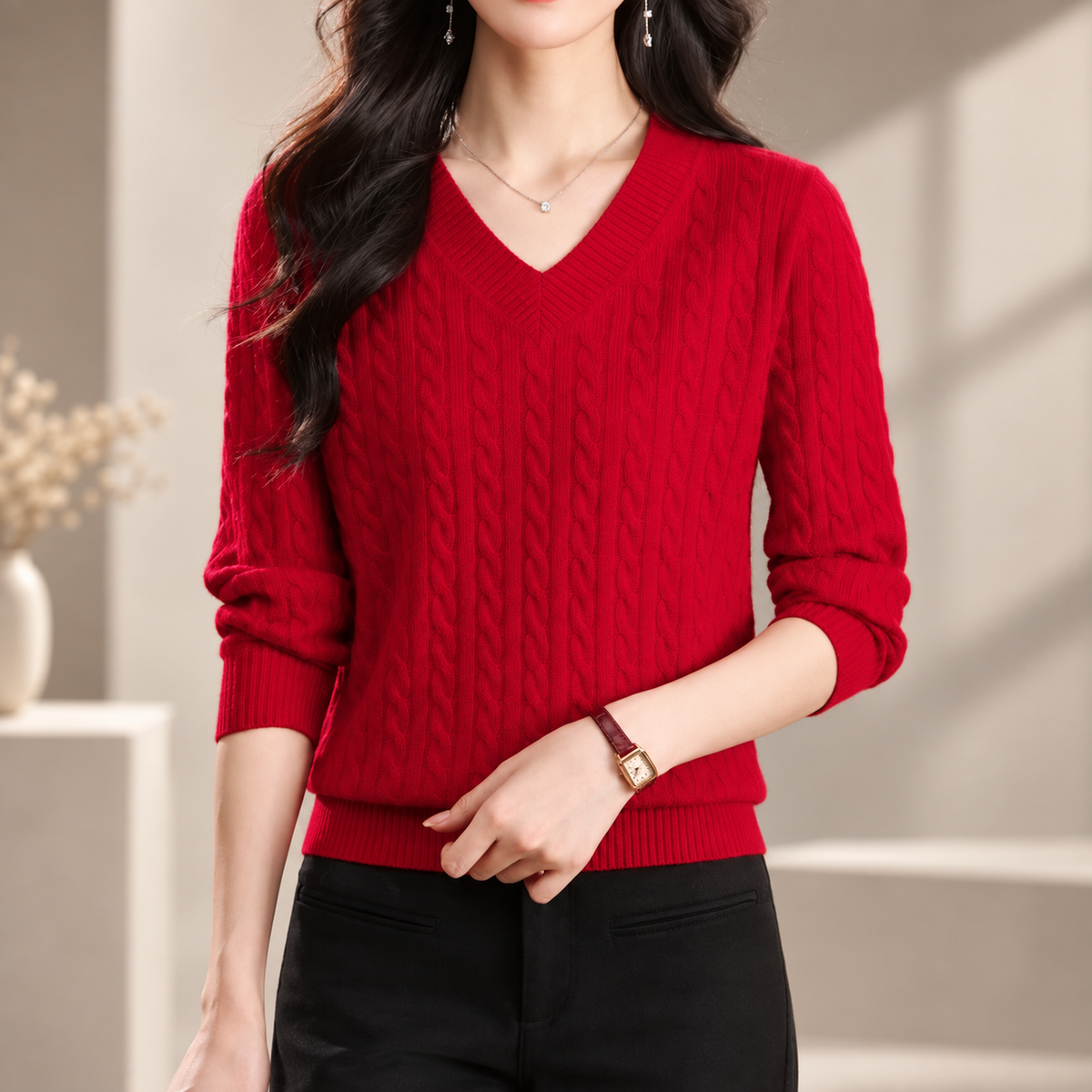 Valentina Women's Cable Knit V-Neck Sweater with Ribbed Trim