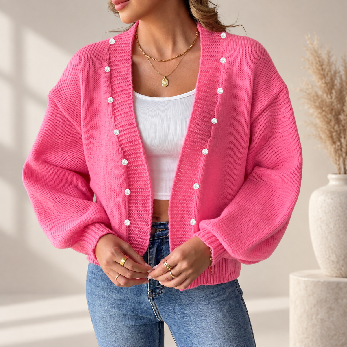 Isabella Women's Pearl-Button V-Neck Knit Cardigan with Balloon Sleeves