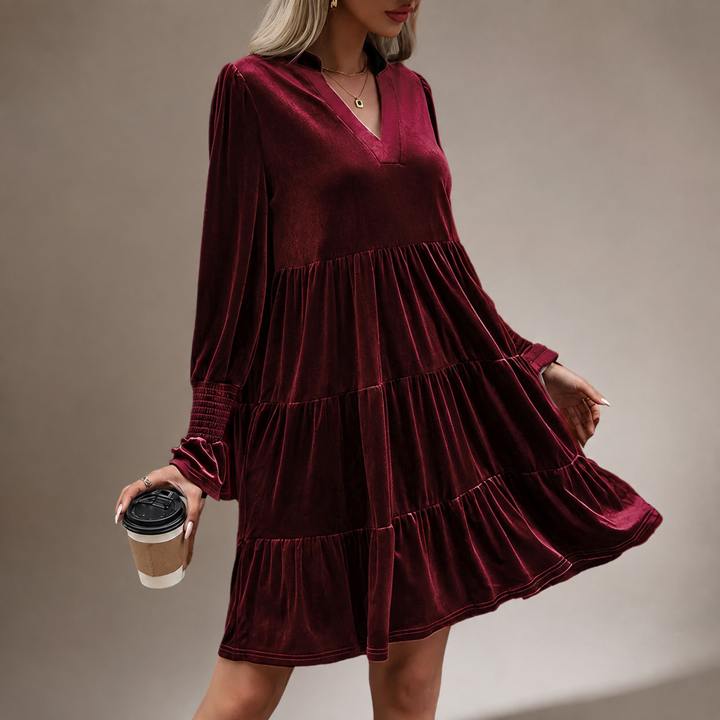 Rosalie Velvet Tiered Mini Dress – Long Sleeve V-Neck Dress with Smocked Cuffs