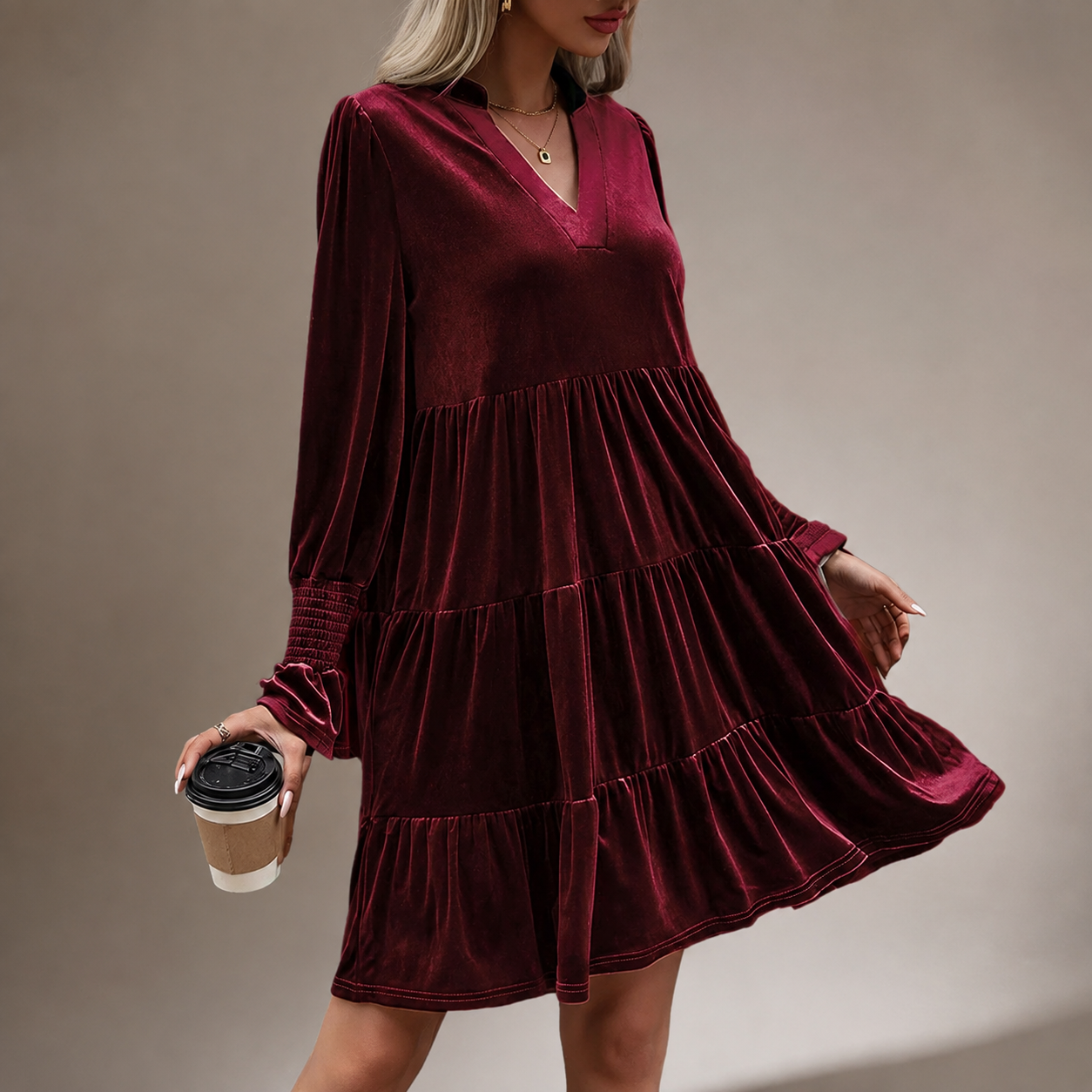Rosalie Velvet Tiered Mini Dress – Long Sleeve V-Neck Dress with Smocked Cuffs