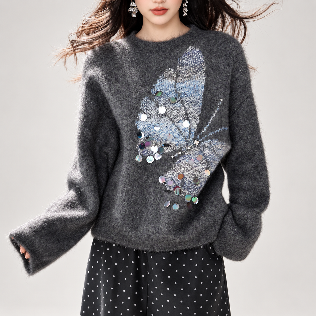 Margot Embellished Butterfly Fuzzy Knit Sweater