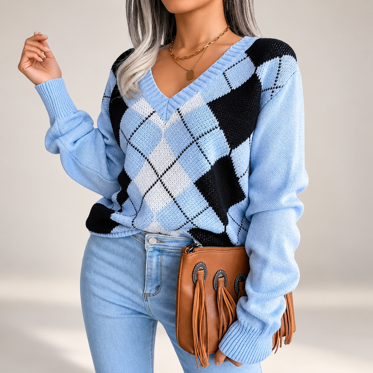Beatrice Argyle V-Neck Knit Sweater – Women’s Long Sleeve Diamond Pattern Pullover