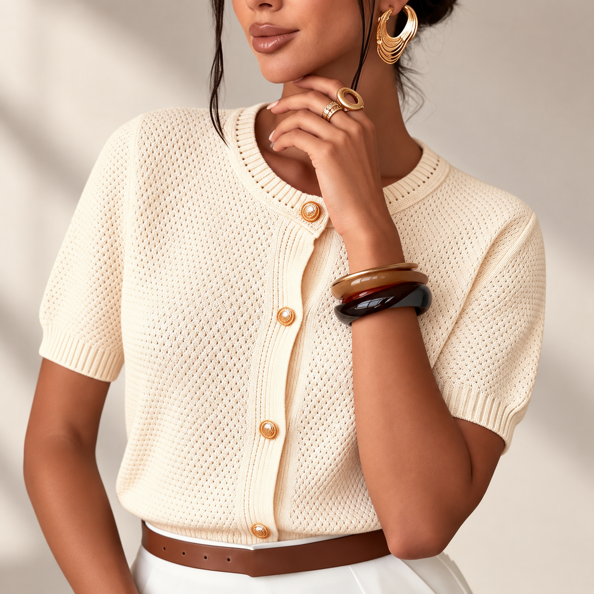 Lucia Women’s Short Sleeve Knit Cardigan with Gold-Tone Buttons