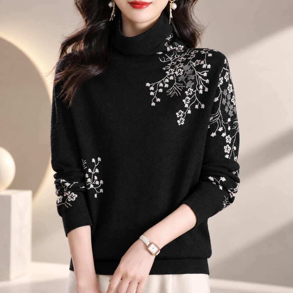 Arabella Women's Floral Turtleneck Knit Sweater with Long Sleeves