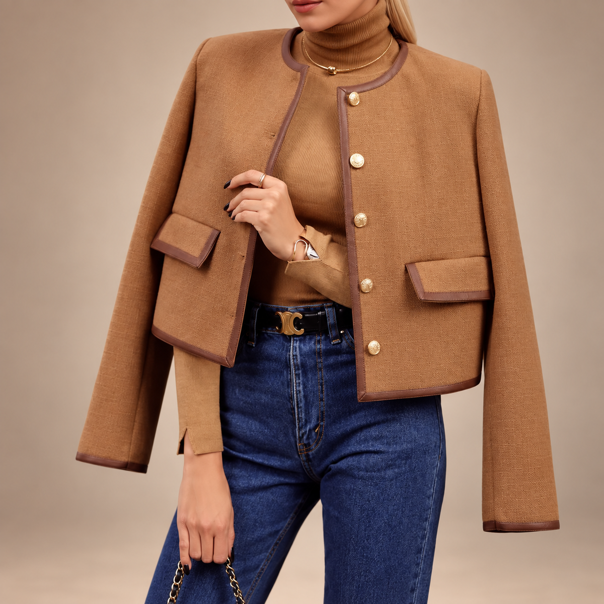Charlotte Contrast Trim Cropped Jacket – Camel Textured Button Front Blazer