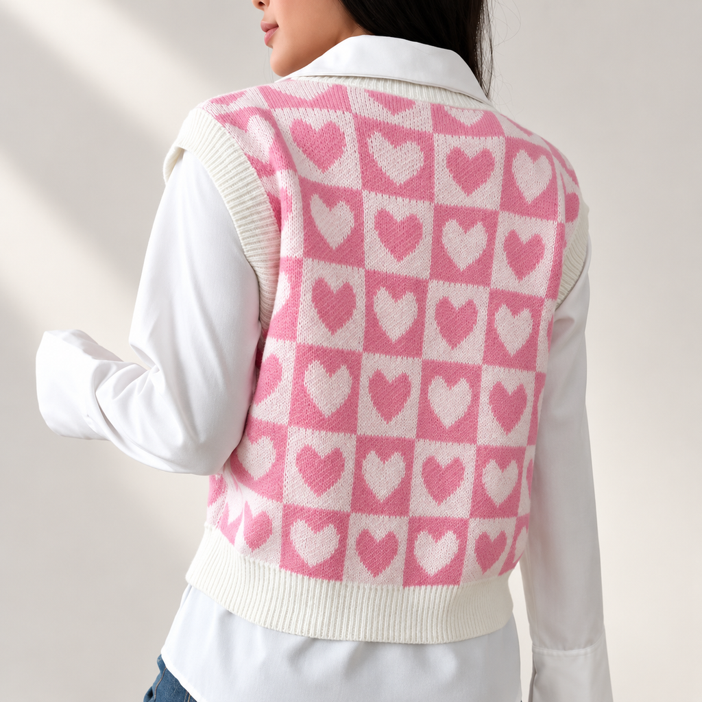 Amélie Women’s Heart Check V-Neck Knit Sweater Vest