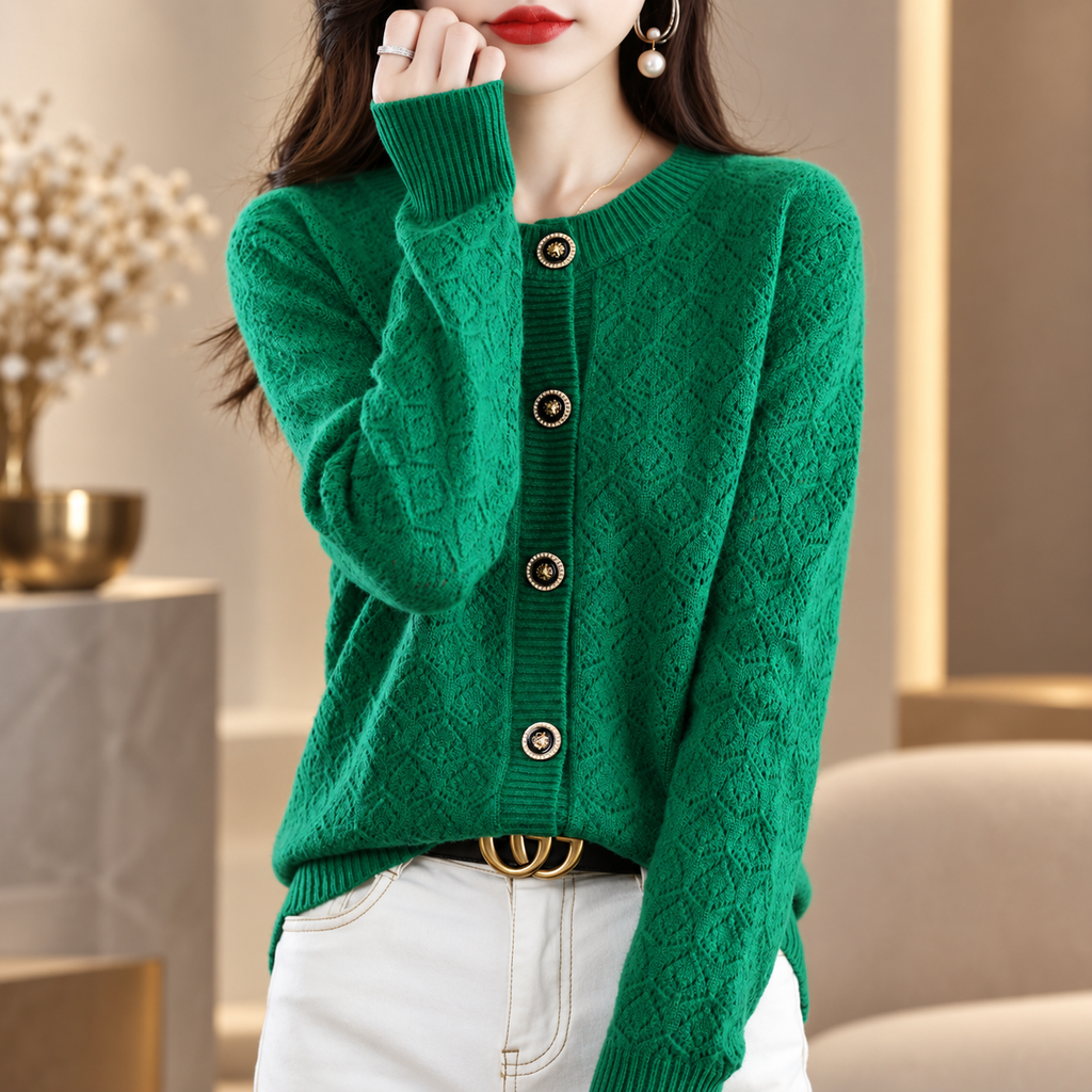 Amelie Women's Pointelle Knit Button-Front Cardigan with Decorative Buttons