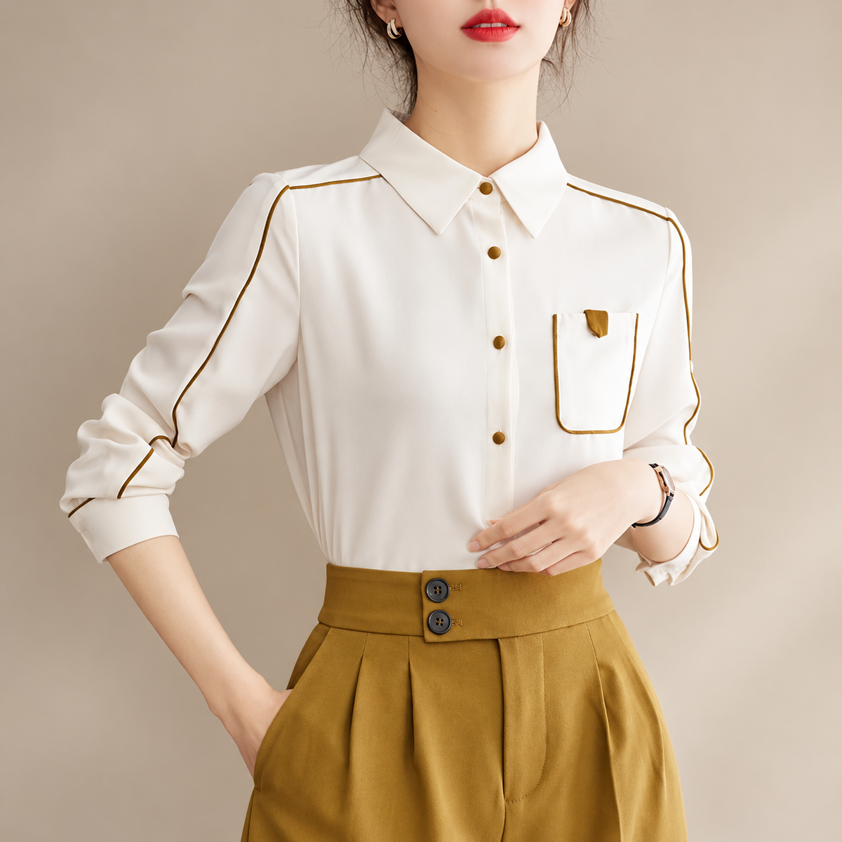 Isabella Women’s Contrast Piping Button-Down Blouse