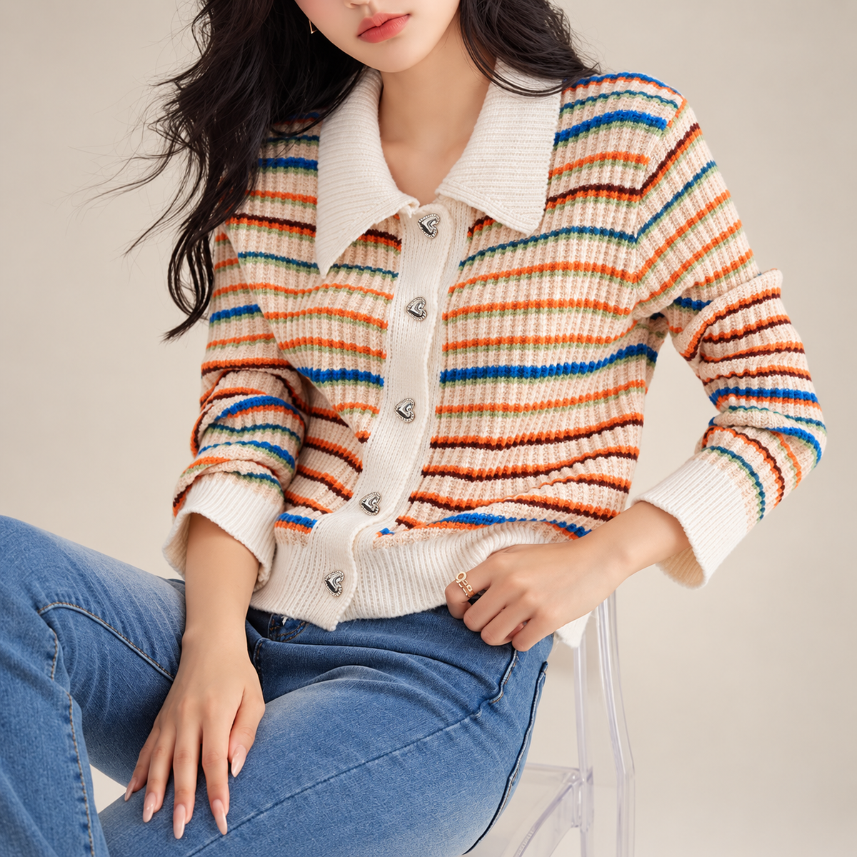 Rosalie Ivory Multi-Stripe Ribbed Knit Cardigan with Heart Buttons
