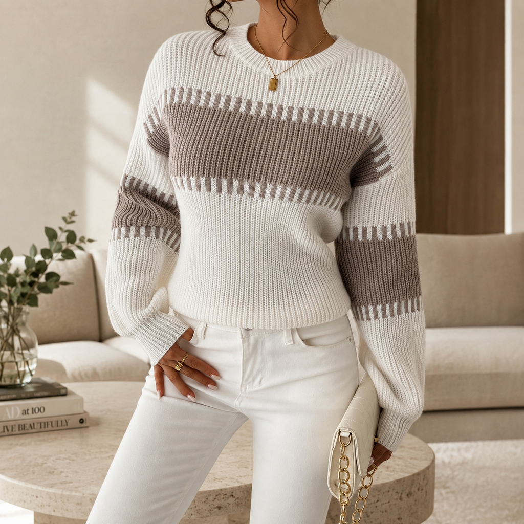 Bianca Striped Ribbed Knit Crew Neck Sweater for Women