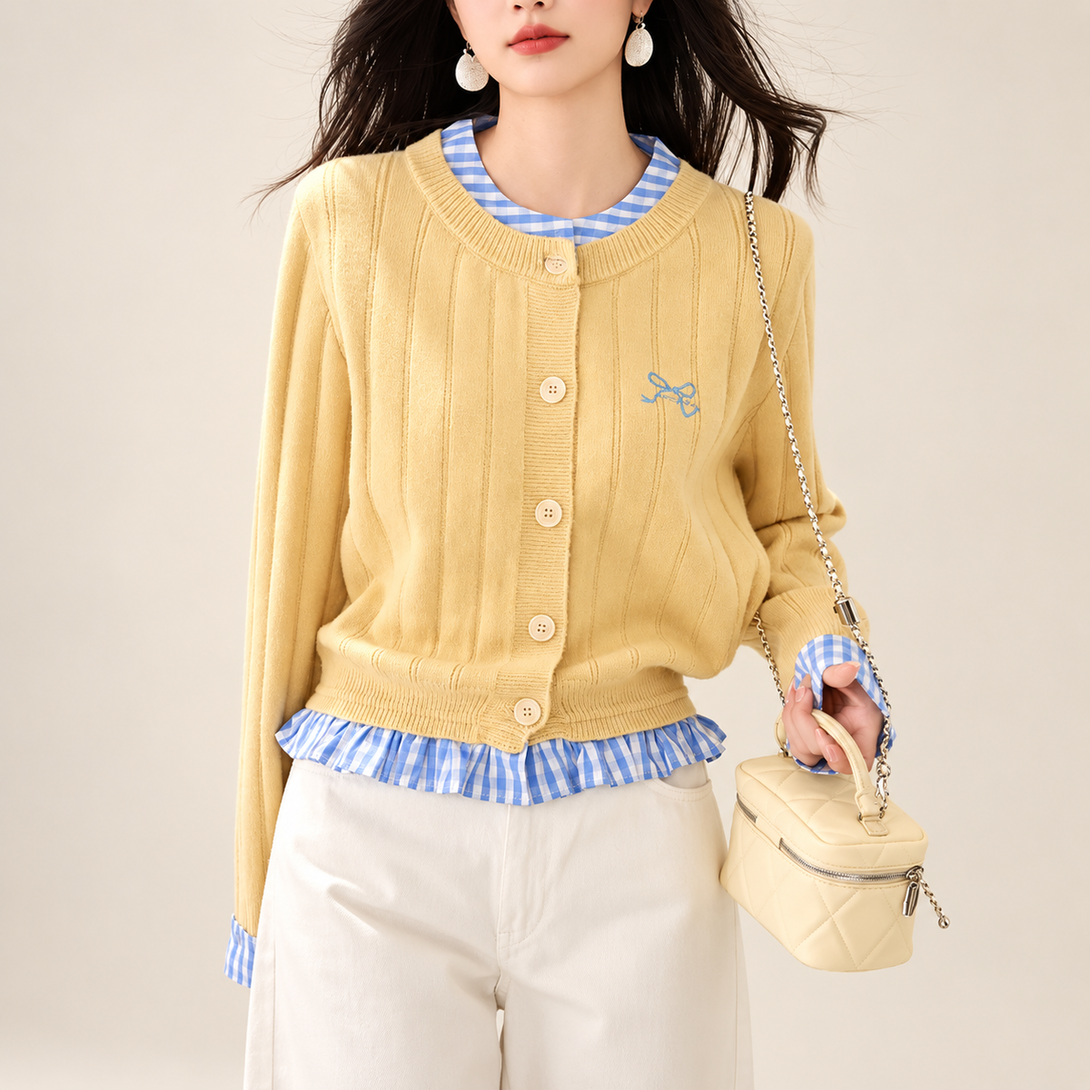 Elodie Yellow Ribbed Button Cardigan with Blue Gingham Trim