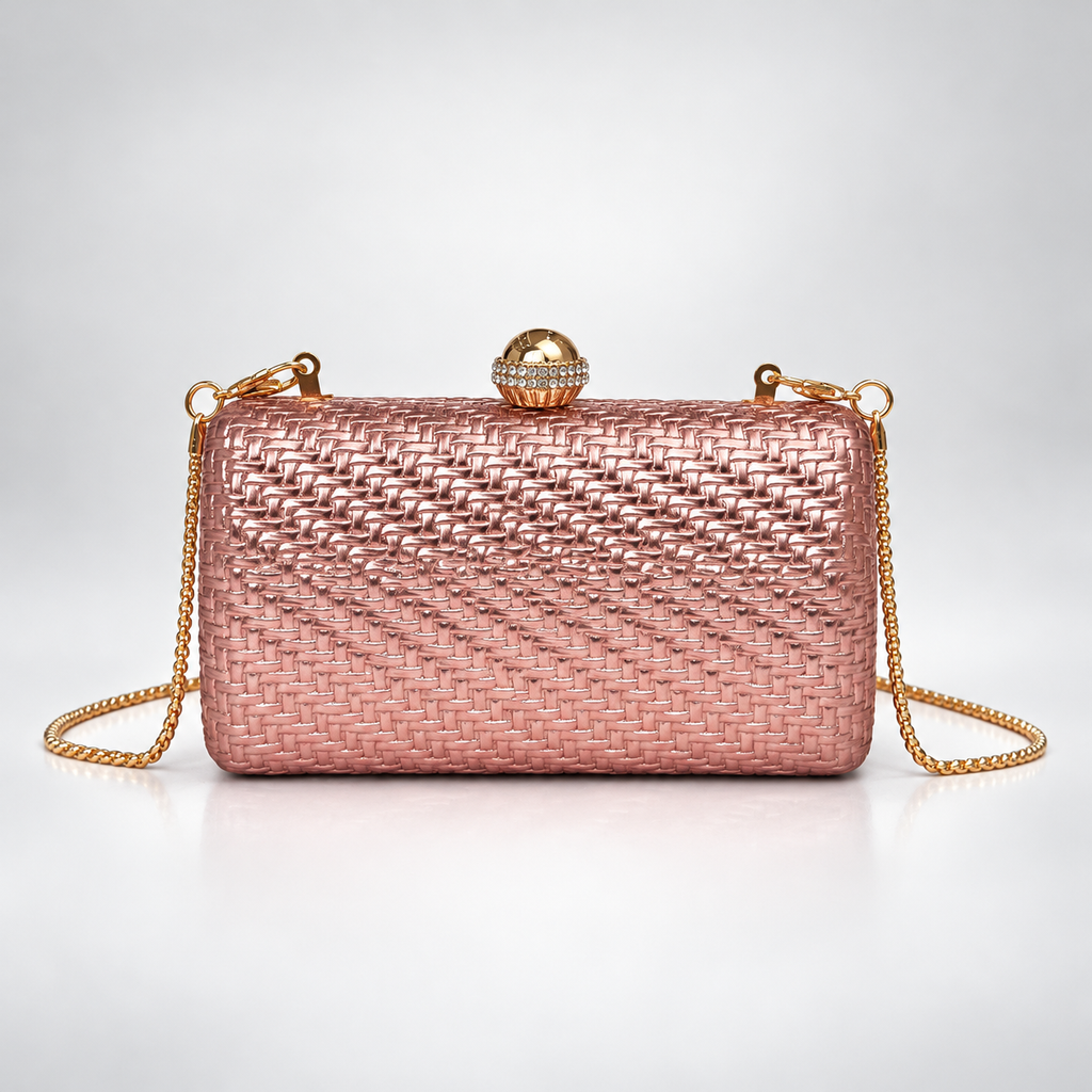 Isabella Metallic Woven Evening Clutch Bag with Gold Chain Strap